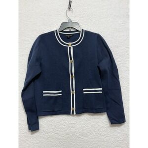 Hawthorn Navy Blue White Trim Cardigan Sweater Gold Buttons Women's Large